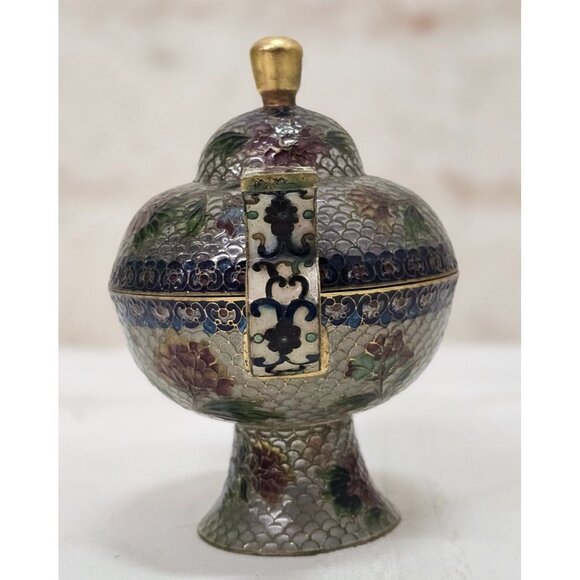 Cloisonne Plique-a-Jour Bowl & Covered Incense Burner Floral Butterfly Design - Picture 3 of 15